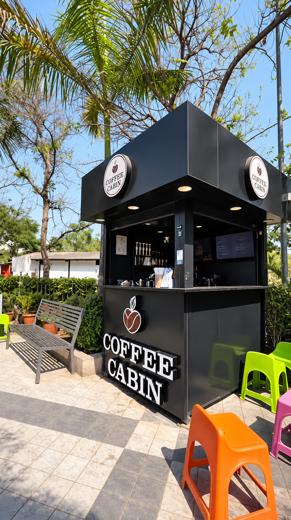 IT’S COFFEE CABIN black kiosk with the burgundy coffee-bean logo, outdoor seating and colourful chairs